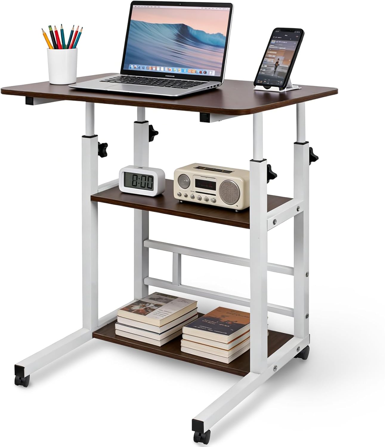 Portable Rolling Desk on Wheels with Adjustable Height, Compact Laptop & Small Computer Desk for Bedroom, Home Office with Storage Shelves and Phone Holder (Walnut)