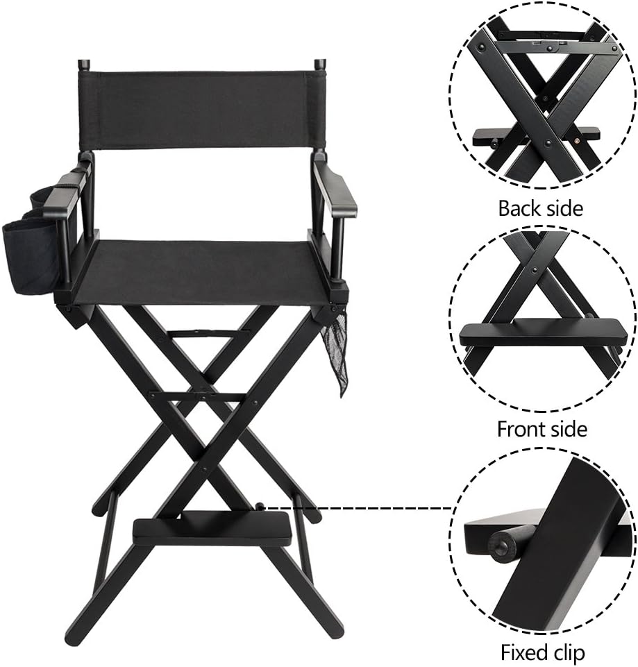 OmySalon Upgraded 31" Height Tall Director Chair Folding Artist Makeup with Replacement Cover Canvas, Storage Side Bags, Portable Footrest, Support 250 lbs,Solid Hardwood & Polyester Black
