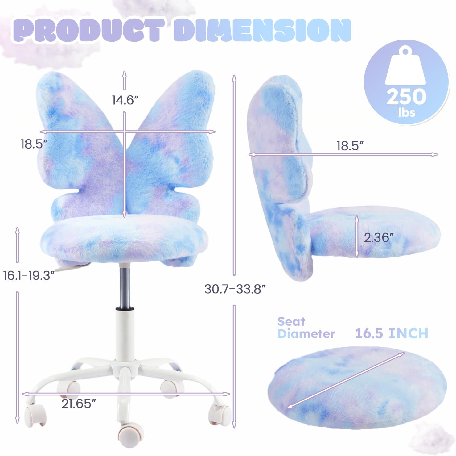 HOMREST Chair with Wheels,Cute Fluffy Desk Chair for Girls with Butterfly Back,Adjustable Seat Height, Faux Fur Swivel Vanity Chairs for Children Bedroom & Reading Room, Study/Vanity,Colorful Blue