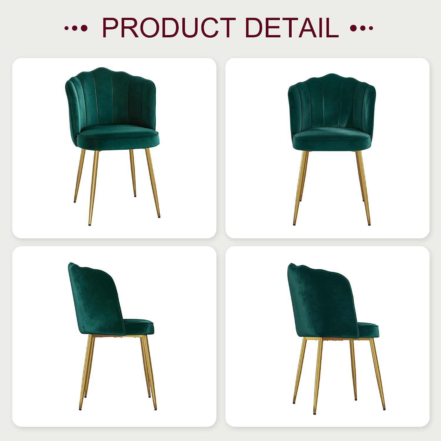VECELO Velvet Dining Chairs Set of 4, Modern Upholstered Kitchen Chairs with Thick Cushions, Curved Padded Backrest and Metal Legs, for Kitchen, Dining Room, Living Room, Green