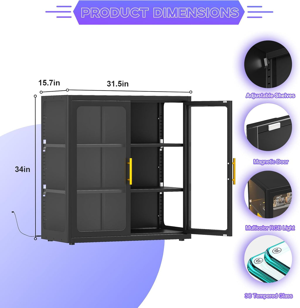 pozdeg Display Cabinet with Glass Door, 34" Curio Cabinet with RGB Lights and 2 Adjustable Shelves, Glass Display Case for Collectibles, Toys, Books, Figures, Exhibit (Black)