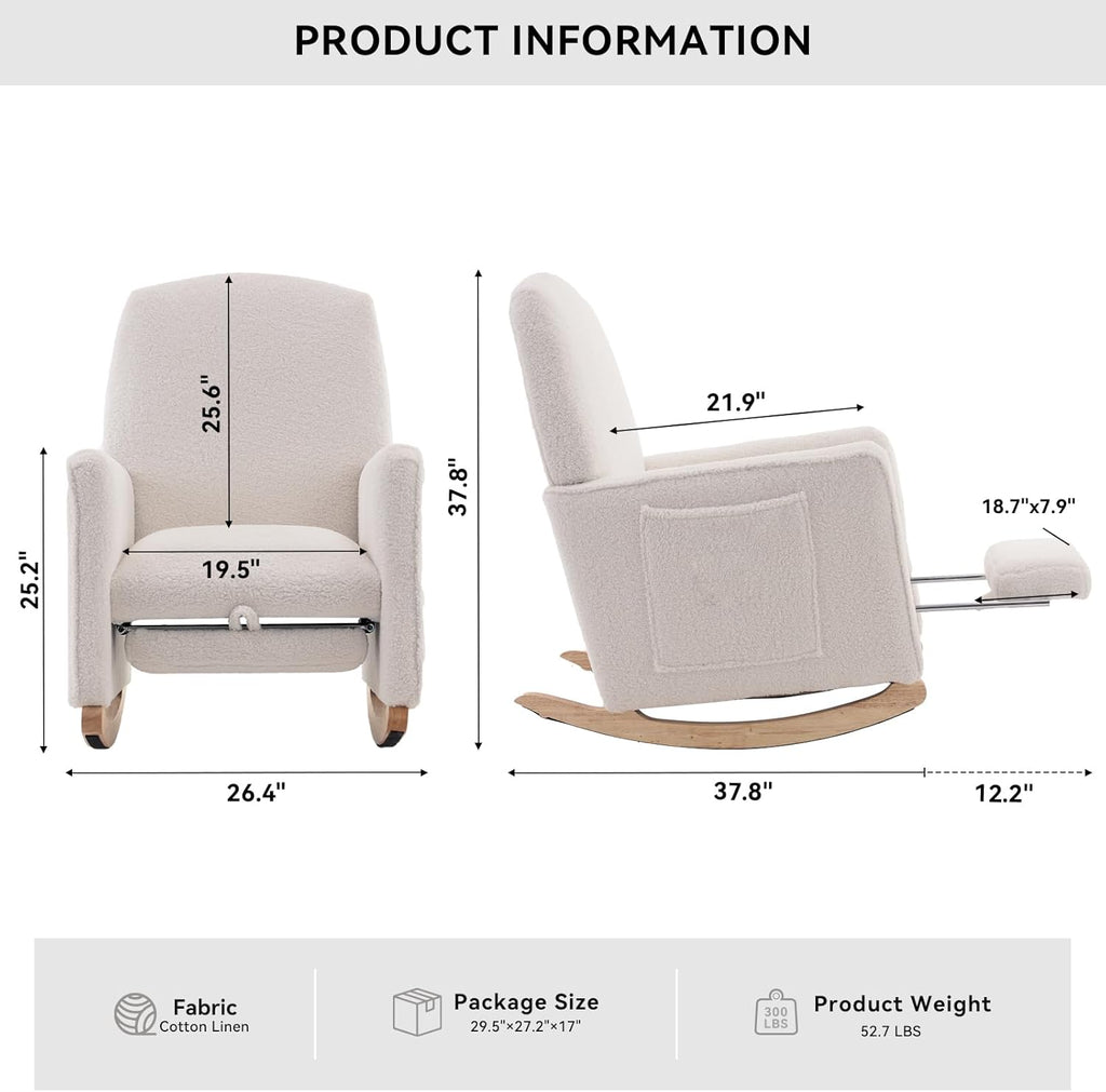 FOXHUNTER Rocking Chair Nursery with Adjustable Footrest and High Backrest, Upholstered Glider Chairs with Side Pockets for Nursery, Rocker Armchair Indoor for Living Room,White
