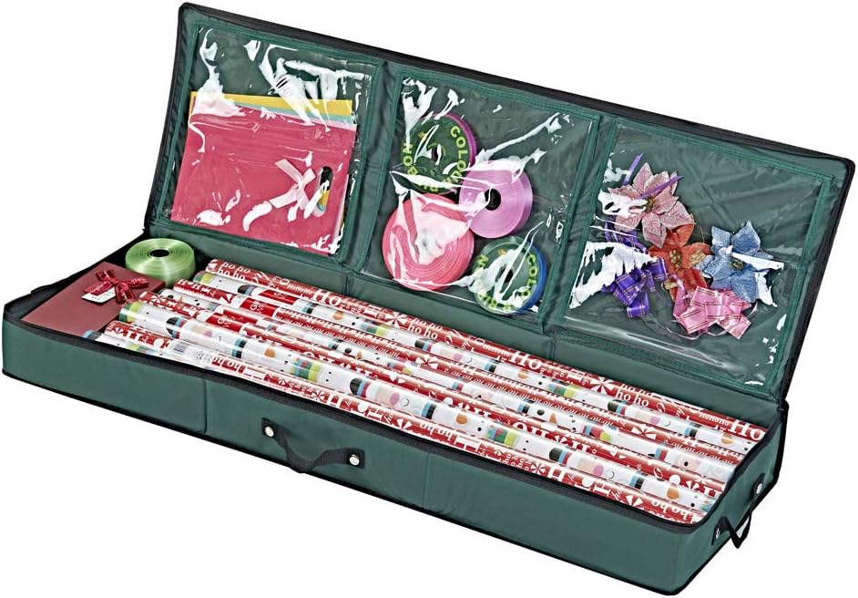 Primode Wrapping Paper Storage Container | Gift Wrap Organizer Under Bed | 41”x14”x6” | Box Holder for 18-24 Rolls Up to 40” | 600D Oxford Material | Pockets for Ribbon, Bows, and Accessories (Green)