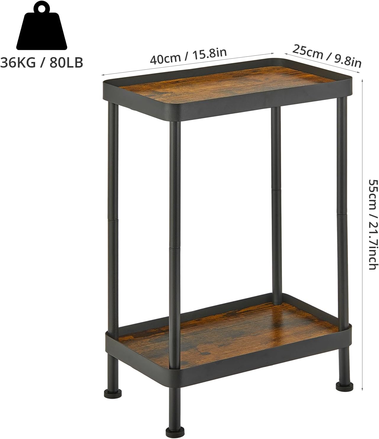 Small Narrow Side Table, 2 Tier End Table with Storage Shelf, Sofa Table for Small Spaces in Living Room, Bedroom, Office, Nightstand or Plant Stand(Rustic Brown)