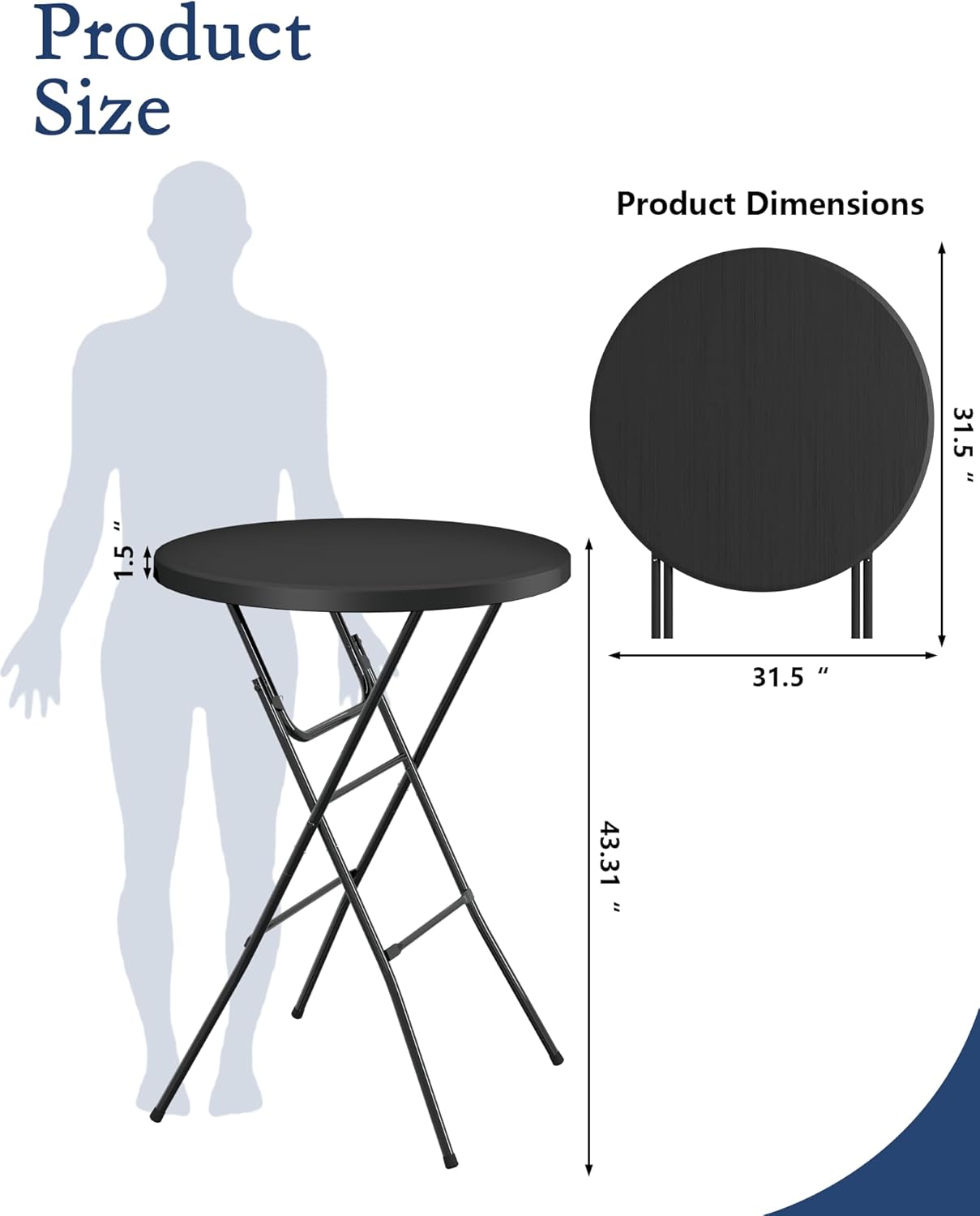 Round Folding Table, 32" Bar Height Tables for Parties and Commercial Events, Portable Plastic Table w/Thick Table Top, Metal Frame, Locking Legs, Indoor Outdoor Accessory, 2 Pack, Black