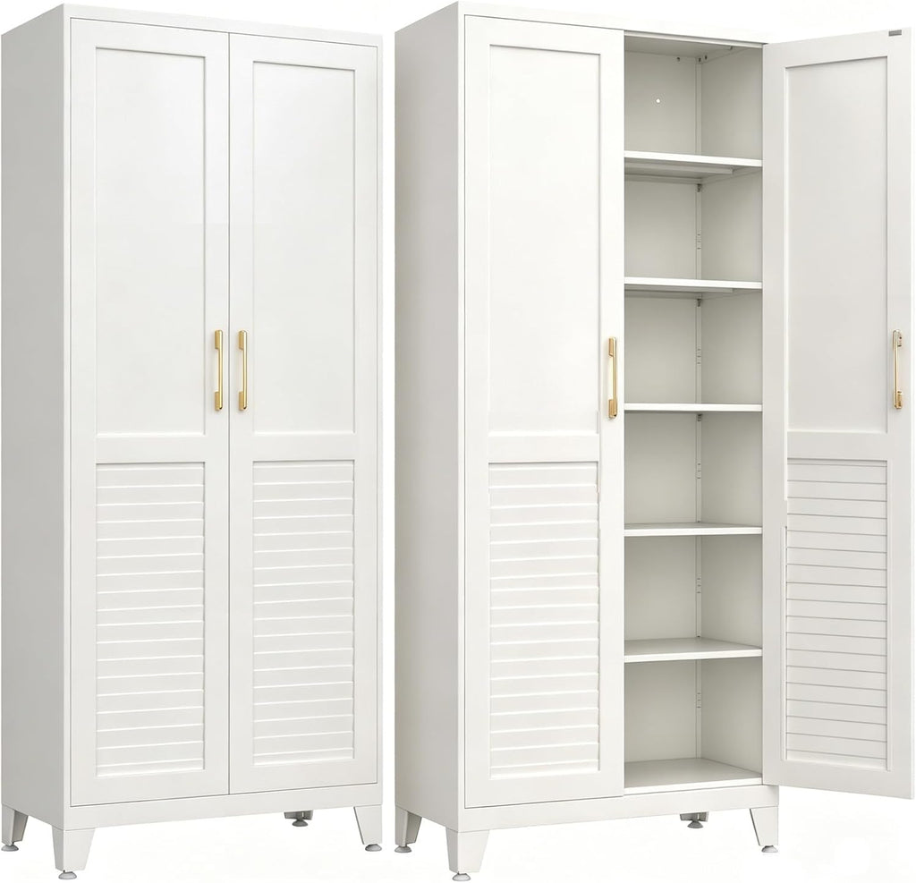 75''Storage Cabinet ,Pantry Cabinet with Doors and Shelves,Tall Kitchen Pantry Cabinet, White Metal Kitchen Storage Cabinets, Freestanding Cupboard for Laundry Bathroom Living Room, Assemble Required
