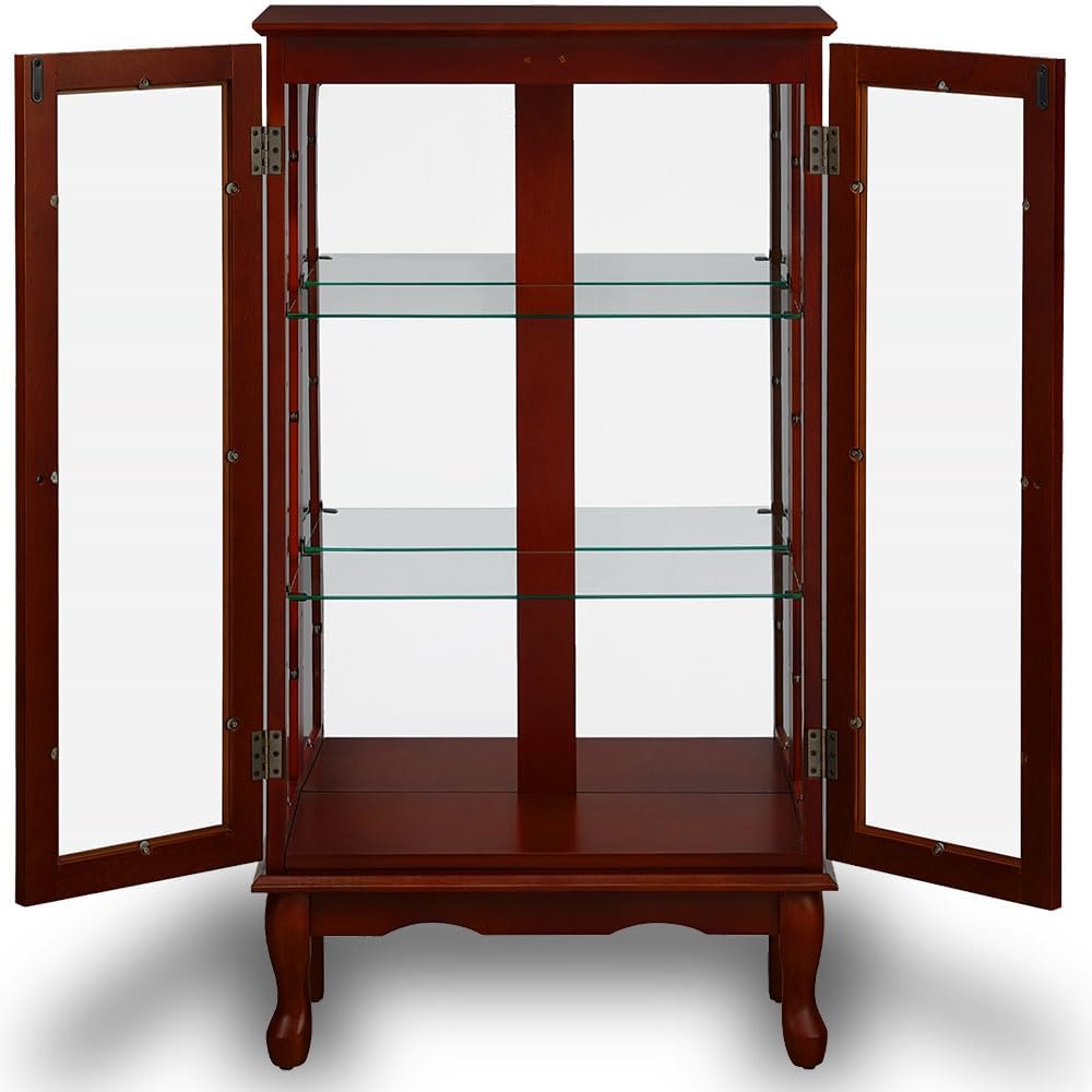 Anwick China Cabinet &Curio Cabinets with Glass Doors, Lighted Display Cabinet with Mirrored Back Panel, Tempered Glass and 3 Tiers Adjustable Shelves (Cherry)