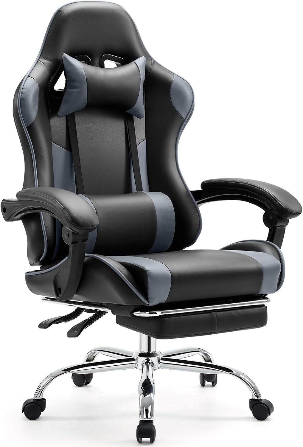 Computer Gaming Chair with Footrest, Ergonomic High Back PU Leather Video Racing Chair with Adjustable Headrest & Linkage Armrest, for Office and Home, Adults, Grey