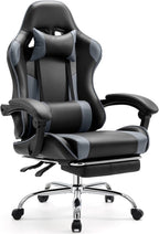 Computer Gaming Chair with Footrest, Ergonomic High Back PU Leather Video Racing Chair with Adjustable Headrest & Linkage Armrest, for Office and Home, Adults, Grey