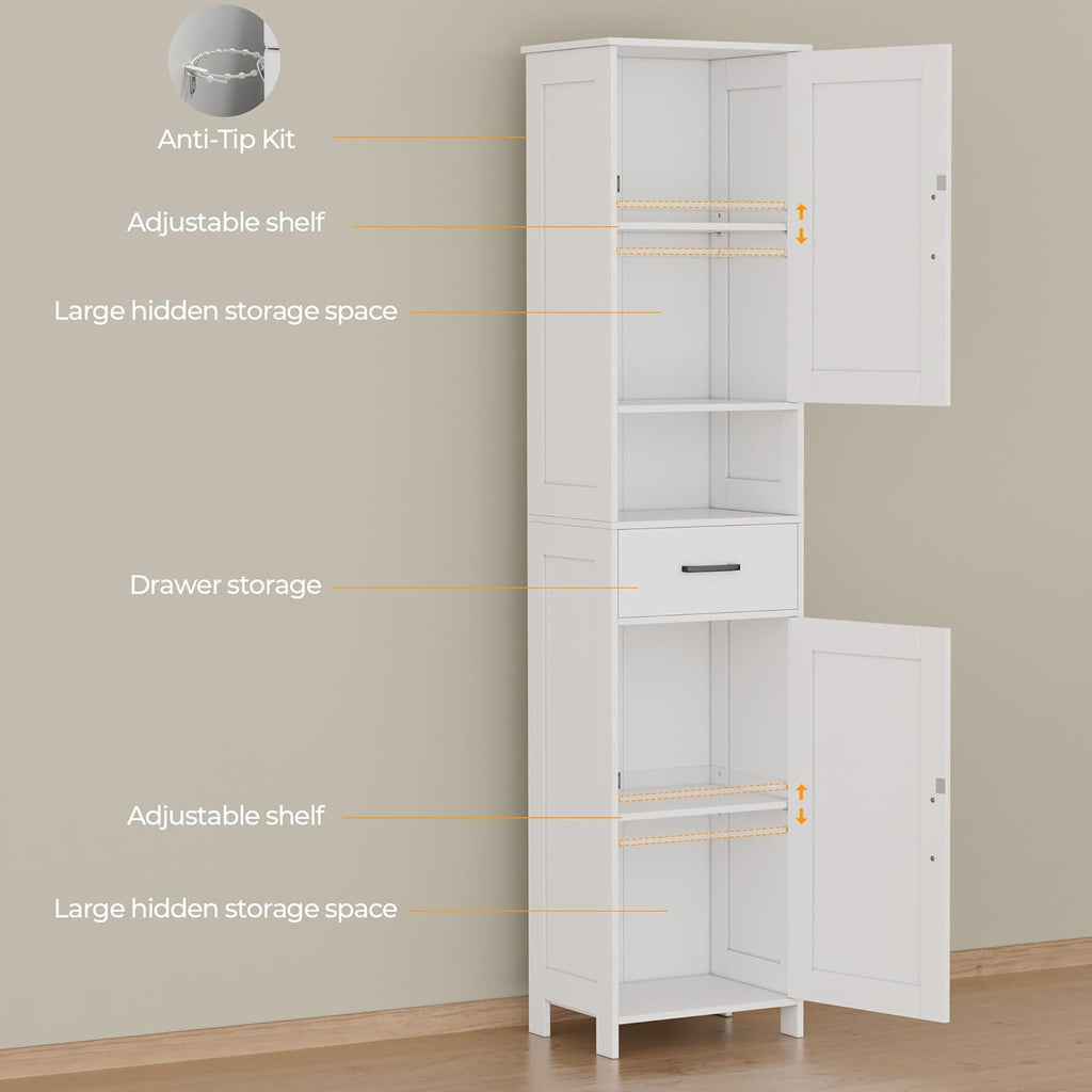 Homhedy 67" H Tall Bathroom Storage Cabinet with 2 Barn Doors and 1 Drawer, Narrow Storage Unit, Adjustable Shelves, Floor Cabinet for Bathroom, Living Room, Entryway, Kitchen, White, (15.7" W)