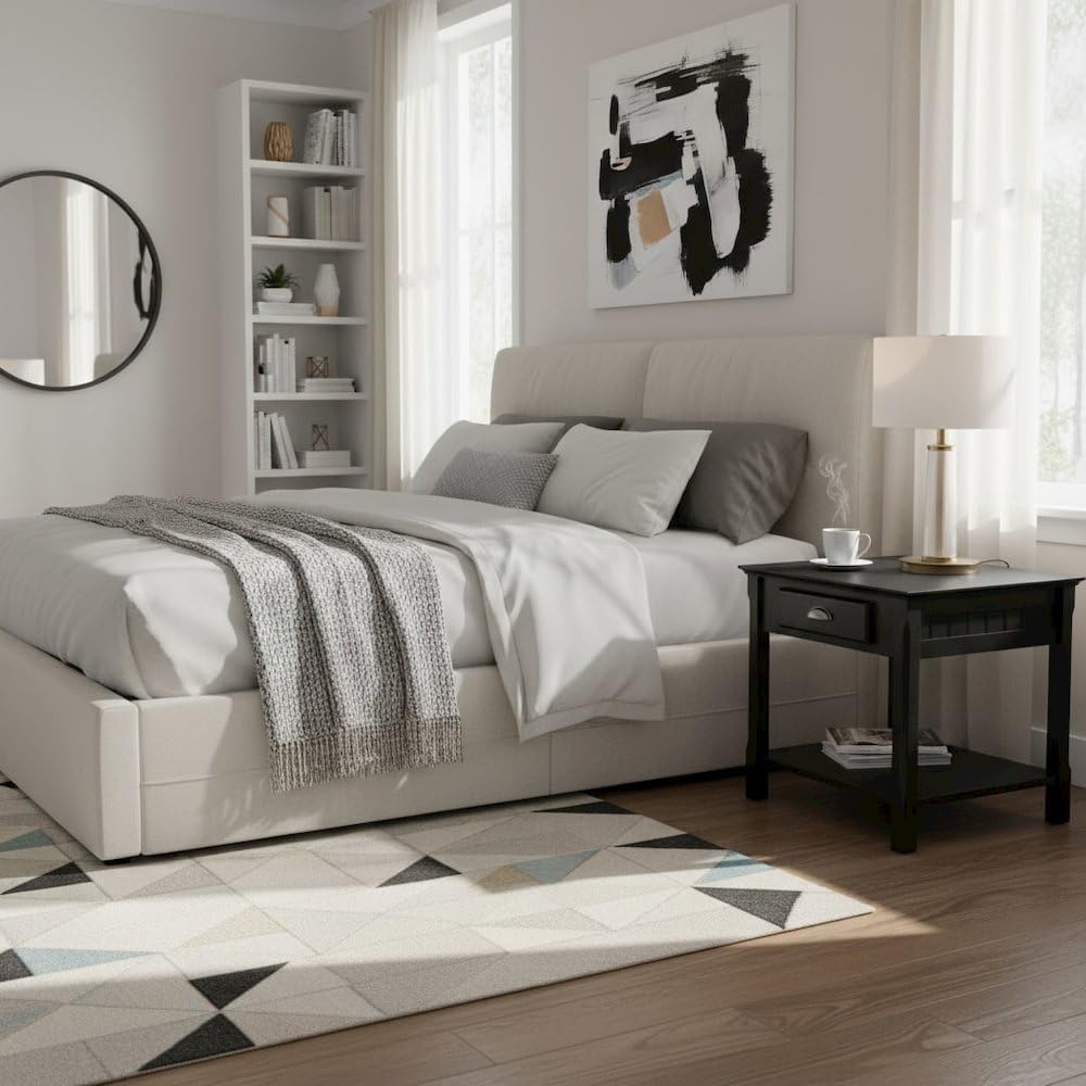 Furnifact Black End Table, Side Table with Drawer and Open Storage Shelf, Square Living Room Furniture, Solid Wood Accents