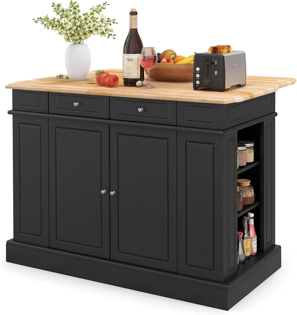 DORTALA Kitchen Island with Drop Leaf, Kitchen Island Table with Rubber Wood Butcher Block Countertop, 2 Drawers, Spice Racks & Adjustable Storage Cabinet, Coffee Bar Cabinet for Dining Room, Black