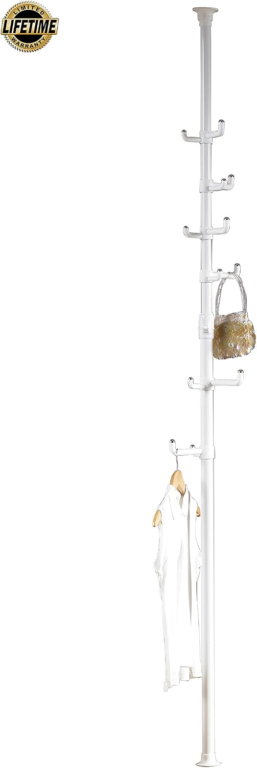 PRINCE HANGER Vertical One-Touch Pole Coat Rack — 6 Independent Rotating Hooks (White)