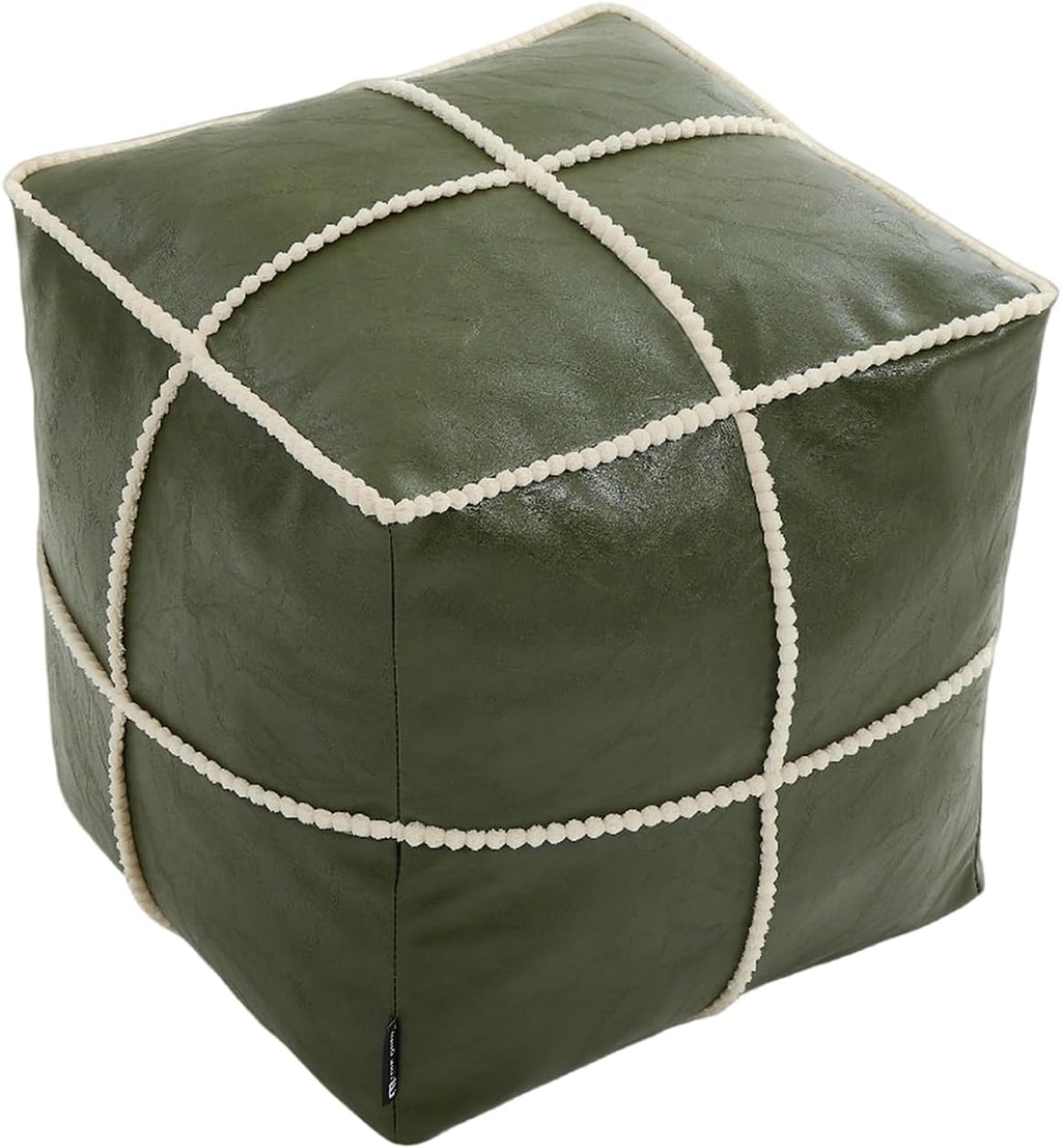 Louis Donné 18 Inch Square Unstuffed Pouf Ottoman Cover, Waterproof Faux Leather Moroccan Boho Footstool, Easy Clean Green Storage Foot Rest Decor for Living Room (Cover Only, No Filler)