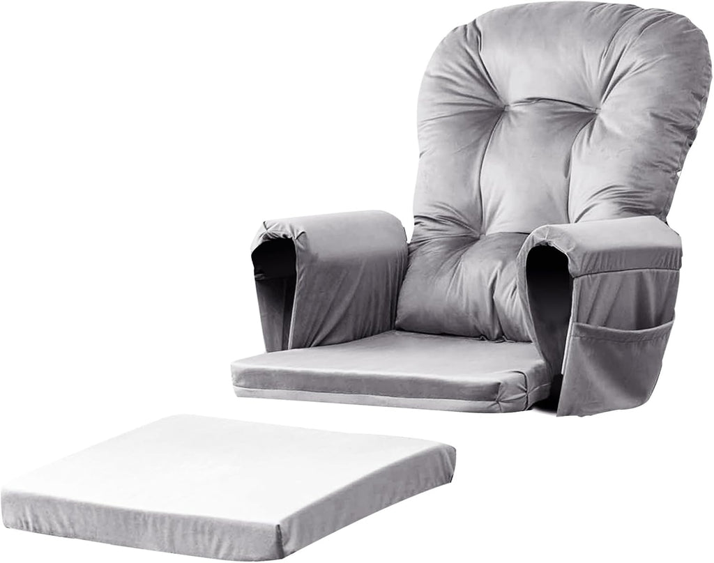 5PCS Glider Rocker Replacement Cushions Set with Ottoman Cushion | Glider Rocking Chair Pads with Side Storage Pockets, Velvet Fabric, Washable & Non Slip, for Indoor Nursery, Grey