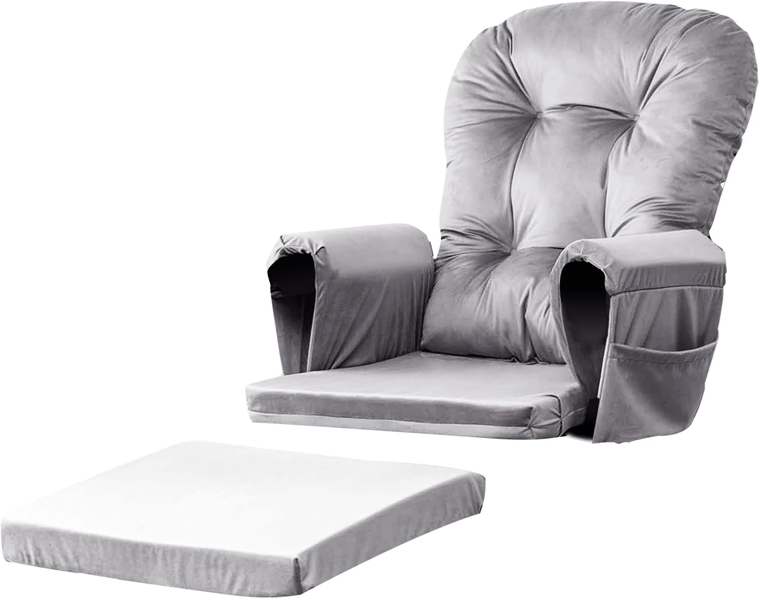 5PCS Glider Rocker Replacement Cushions Set with Ottoman Cushion | Glider Rocking Chair Pads with Side Storage Pockets, Velvet Fabric, Washable & Non Slip, for Indoor Nursery, Grey