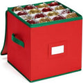 Christmas Ornament Organizer and Storage Box - Tear-Proof Non-Woven Container with 3-Inch Cube Compartments and Dual Zippers - Holds 64 Ornaments - Red