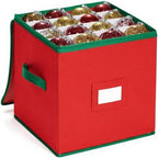 Christmas Ornament Organizer and Storage Box - Tear-Proof Non-Woven Container with 3-Inch Cube Compartments and Dual Zippers - Holds 64 Ornaments - Red