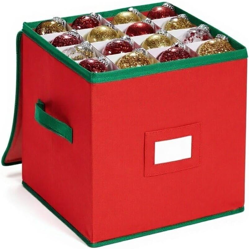 Christmas Ornament Organizer and Storage Box - Tear-Proof Non-Woven Container with 3-Inch Cube Compartments and Dual Zippers - Holds 64 Ornaments - Red