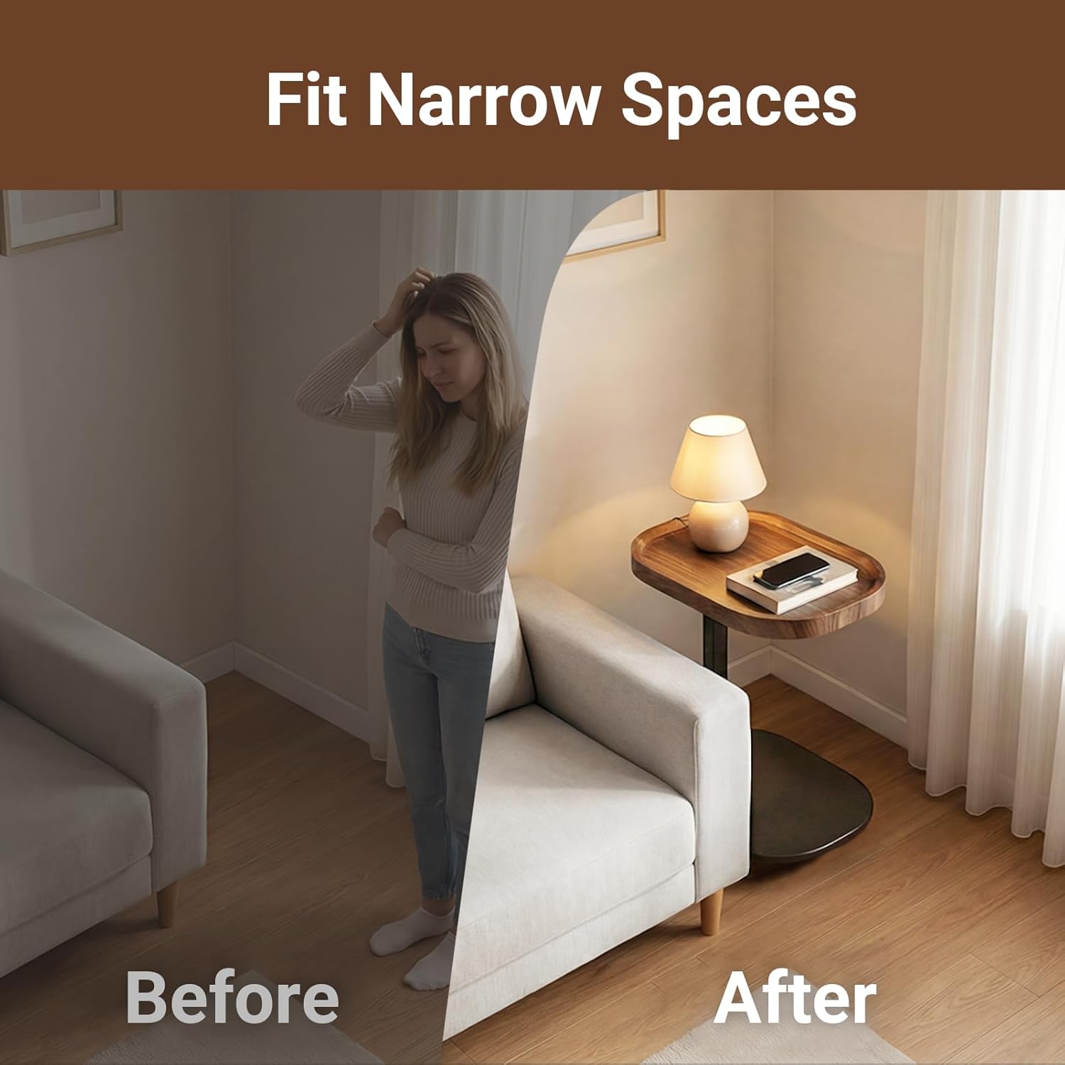 Adjustable Height TV Dinner Tray Table for Eating, 360°Swivel Small C Shaped End Side Table for Living Room, Bedroom,Hospital, Couch Armrest Table that Slide Under Sofa, Bed, Desk