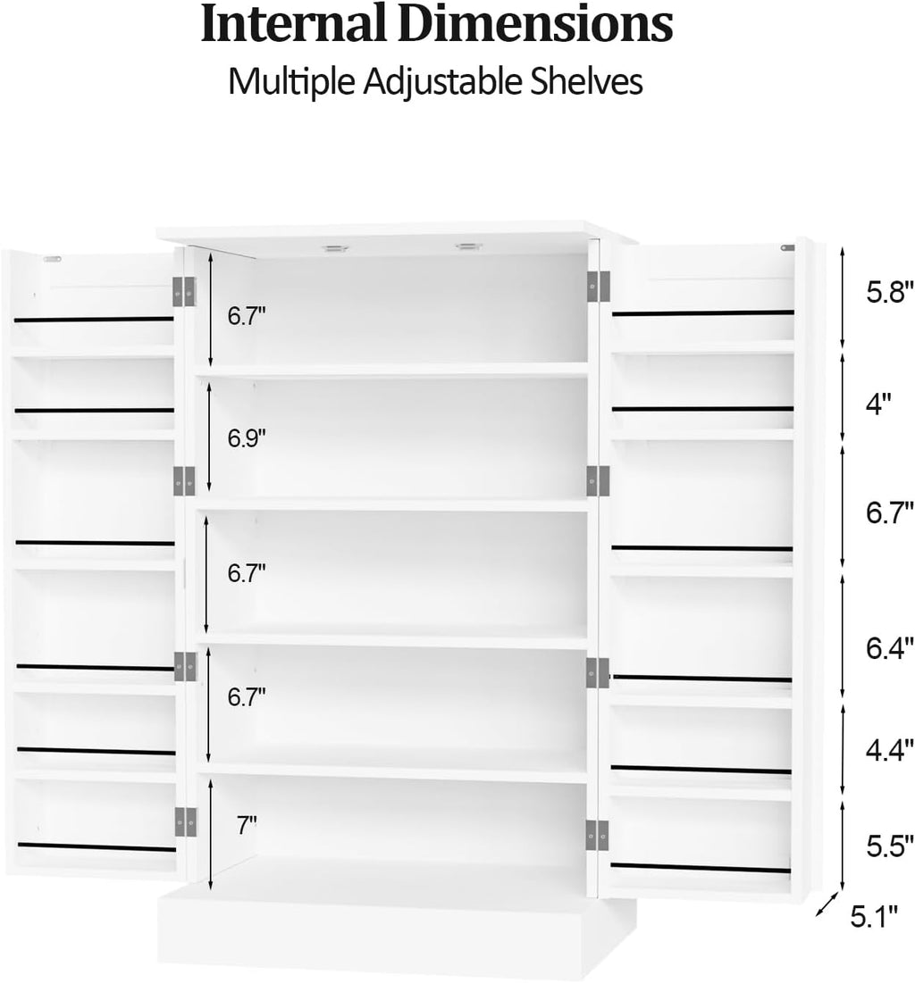VINGLI Pantry Cabinet, White Kitchen Storage Cabinet with 2 Doors and Adjustable Shelves, 40.5" H Food Storage Freestanding Cupboard for Small Space in Dining Room, Living Room