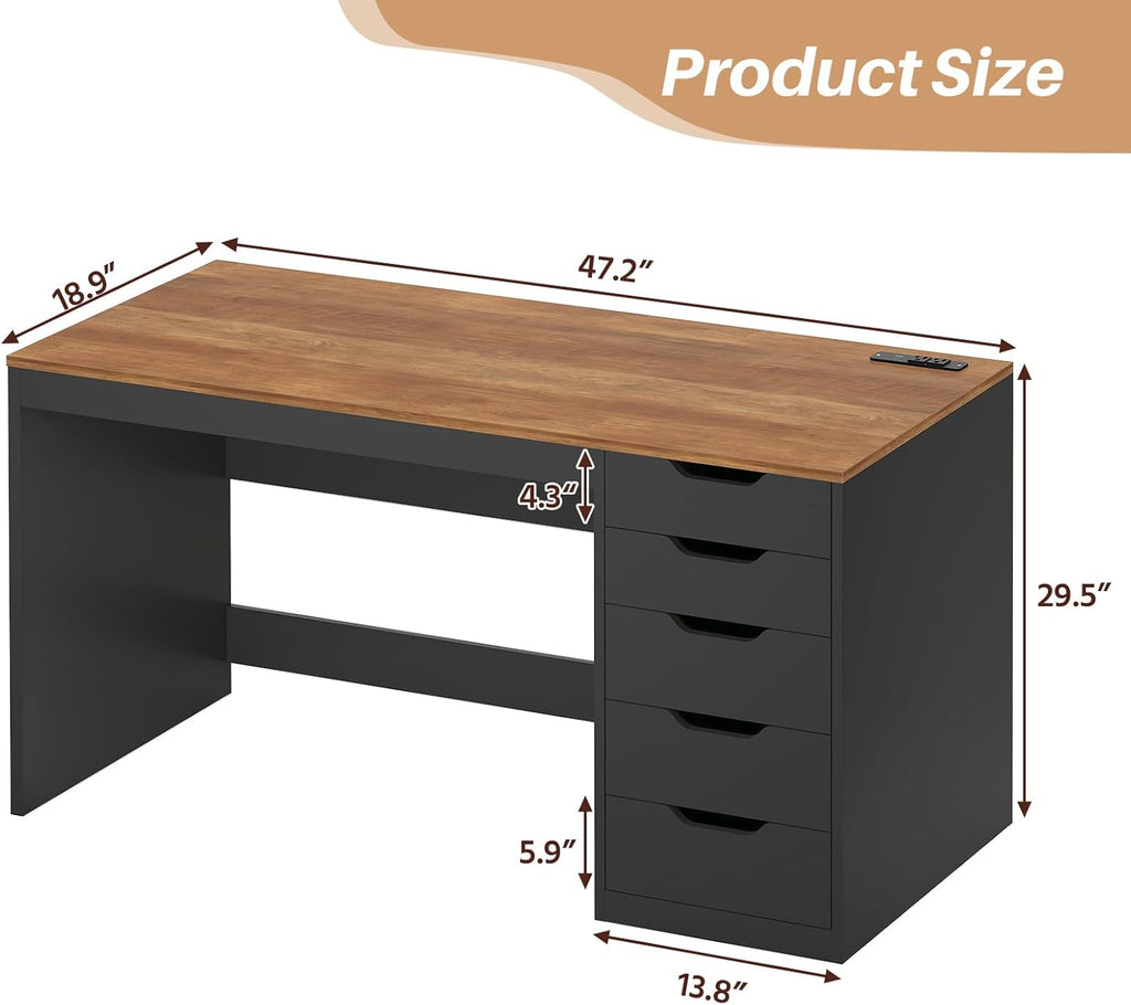 YOMILUVE 47 Inch Computer Desk with 5 Drawers and Power Outlets, Home Office Desks with Storage File Cabinet, Modern Simple Laptop Desk Writing Table for Small Spaces, Brown and Black