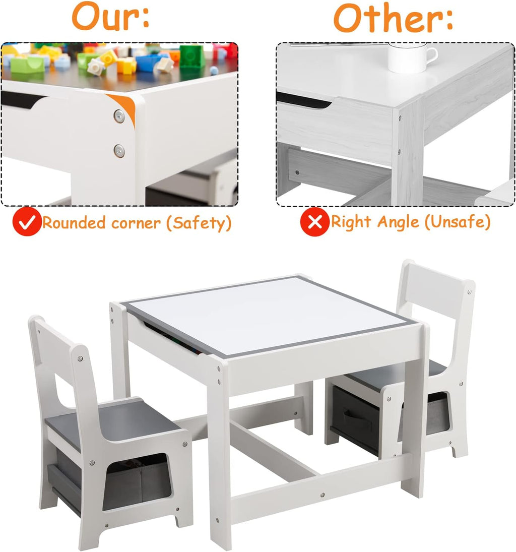 GTOLV Kids Table and Chair Set, 3 in 1 Wooden Activity Table with Storage Drawer for Toddlers Drawing, Reading, Crafts, 2 in 1 Detachable Tabletop Table Set for Nursery, Playroom (Gray)