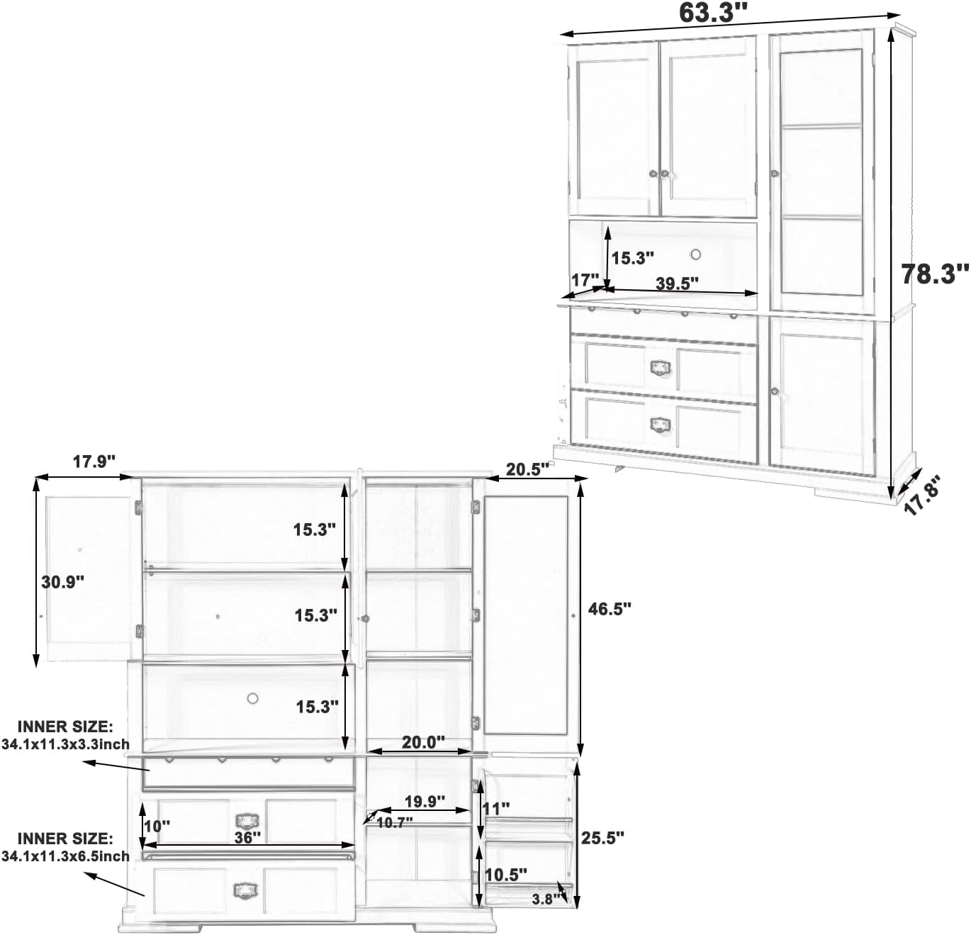 Spaco 78.3" Kitchen Pantry Cabinet with Hutch,Freestanding Food Storage Cabinet with 3 Drawers and 3 Adjustable Shelves,Versatile Buffet Sideboard for Kitchen,Dining Room. (White)