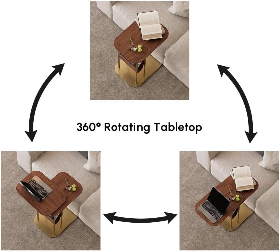 homary C-Shaped Side Table, 360° Rotating End Table with Storage, Walnut & Gold Sofa Table with Magazine Rack, Space-Saving Table for Living Room & Bedroom (Walnut)