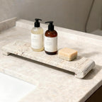 Marble Tray Pedestal Stand, 16"x4" Marble Vanity Tray with Feet for Bathroom Counter, Rectangular Marble Riser for Kitchen Sink, Soap Dispenser Perfume Jewelry Stone Organizer (River White)