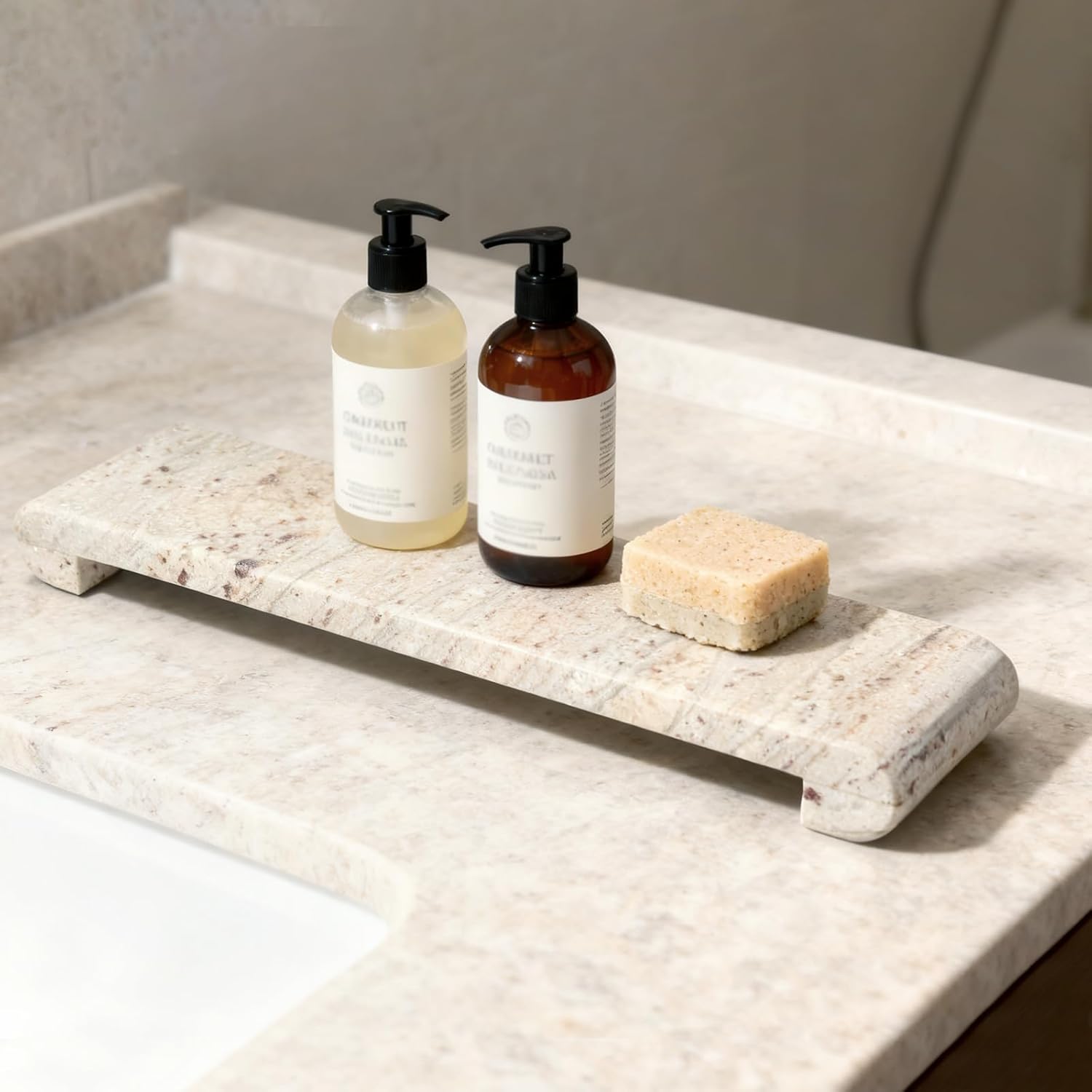 Marble Tray Pedestal Stand, 16"x4" Marble Vanity Tray with Feet for Bathroom Counter, Rectangular Marble Riser for Kitchen Sink, Soap Dispenser Perfume Jewelry Stone Organizer (River White)