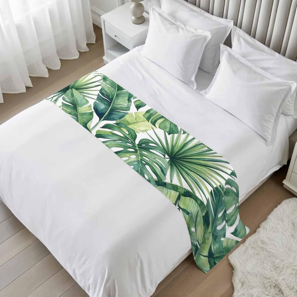 Tropical Monstera Leaves Bed Runners Country Botanical Palm Leaf Green Bed Throws for Foot of Beds, Decorative Bedrunners & Scarves Luxury Bedding End Blanket Protector Slipcover Home, 71"x20"