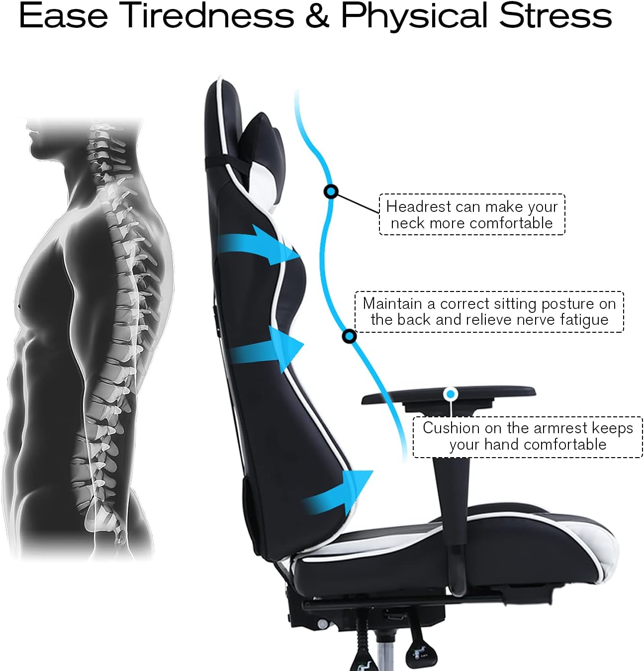 HCB Gaming Chair, Computer Office Chair, Ergonomic Desk Chair Height Adjustable Recliner Swivel High Back with Lumbar Support, Footrest, Headrest, Racing Style （White）