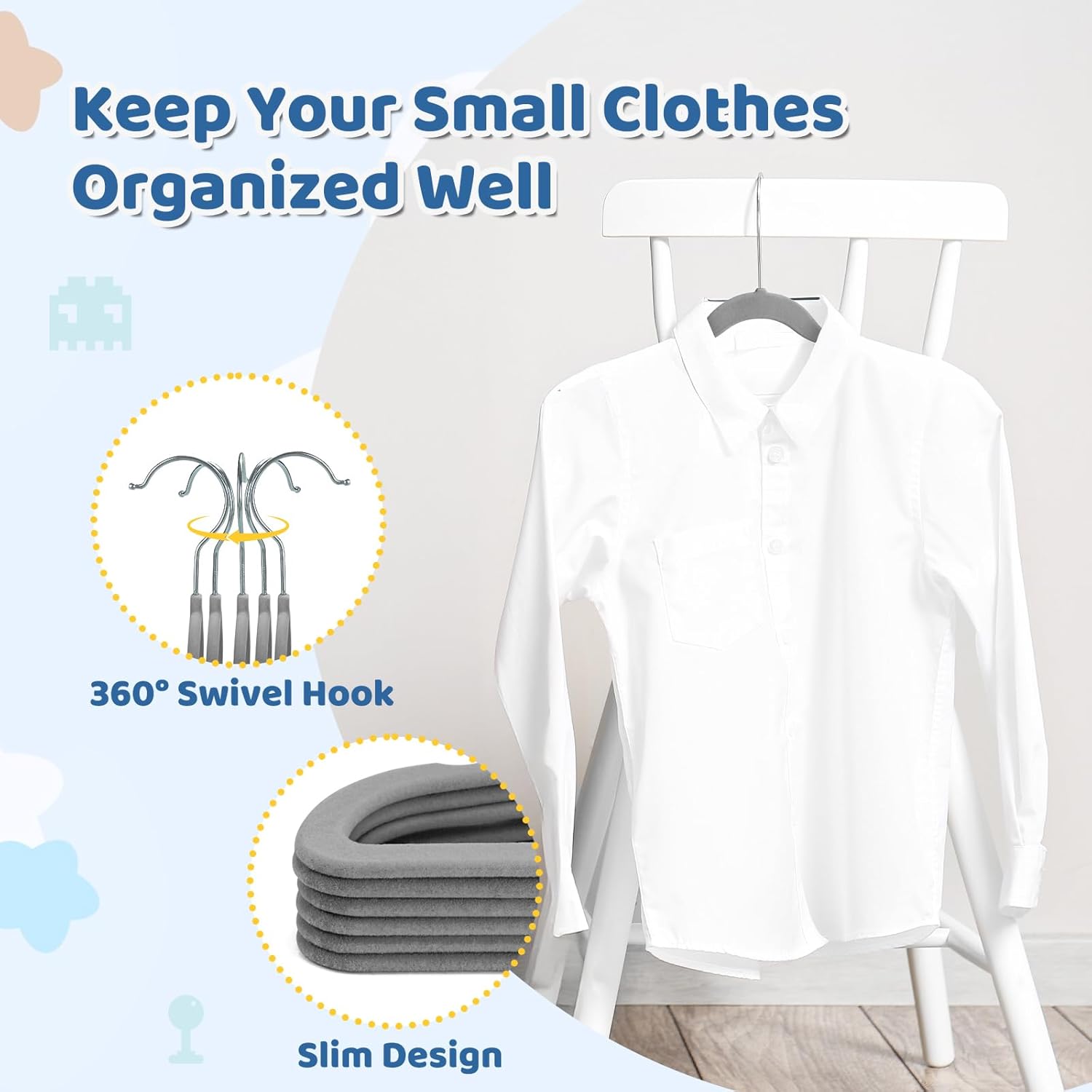 Premium 14 Inch Kids Hangers 100 Pack, Grey Baby Velvet Hanger, Non Slip, Space Saving Felt Hangers Clothes Organizers for Closet with 360° Swivel Hook for Children, Toddler & Teens