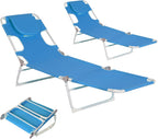 Folding Tanning Chair with Face Hole Set of 2, 3-Position Adjustable Patio Lounge Chair, Outdoor Sunbathing Chaise with Pillow, Portable Lightweight for Beach Pool Lawn Yard, Blue