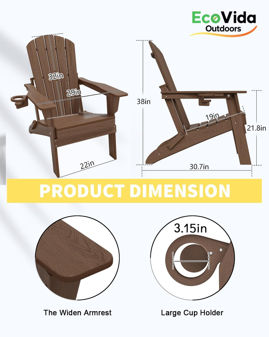 Folding Adirondack Chair 3-Piece Set - 38" Extra Tall Back & Embossed Wood Grain, Oversized HDPE Patio Furniture with Side Table & Cup Holders, 380lb Heavy Duty,Coffee