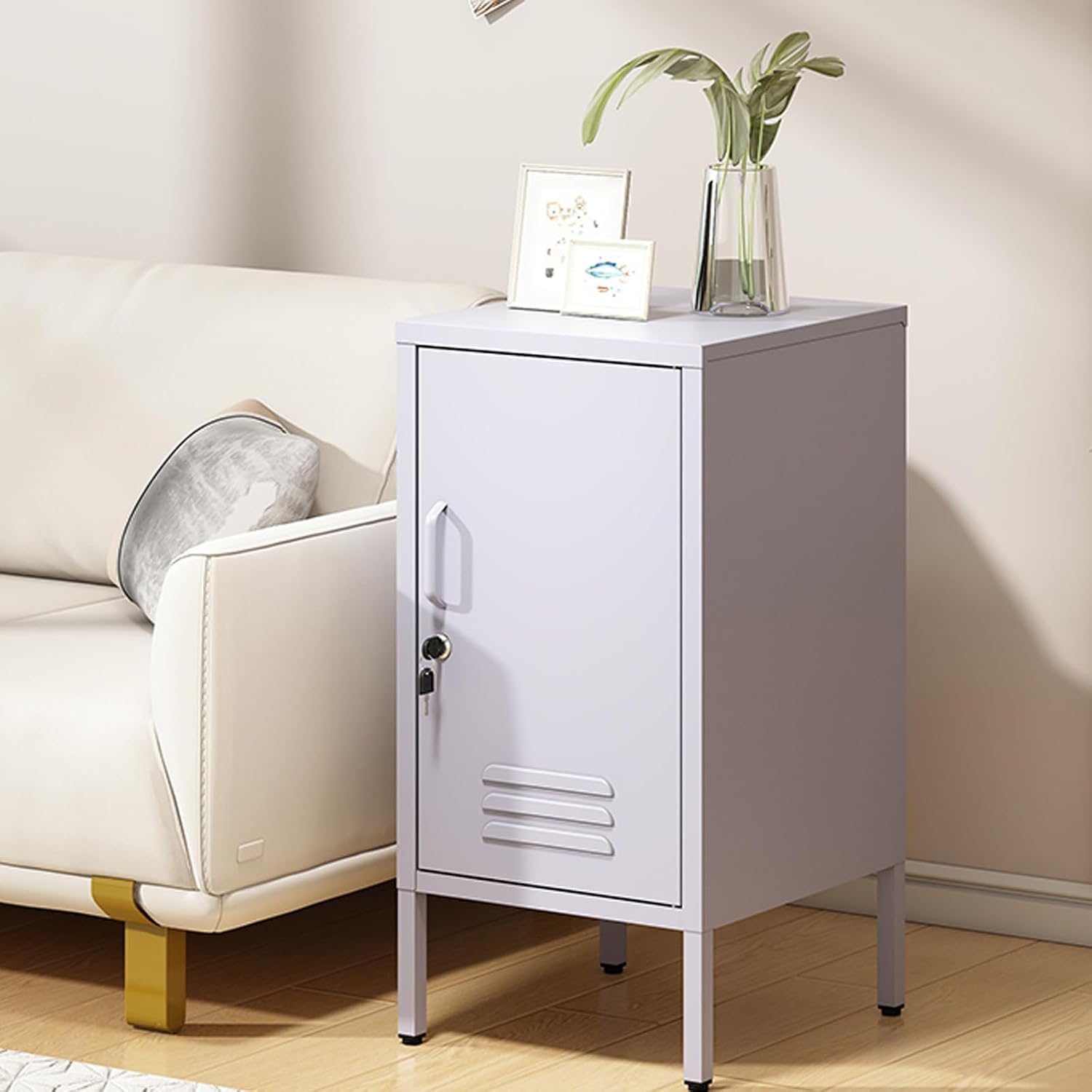 Lockable Metal End Table with 2 Adjustable Shelves, Modern Single Door Side Table, Industrial Metal Nightstand with Storage Cabinet for Bedroom, Living Room, Office, Easy Assembly