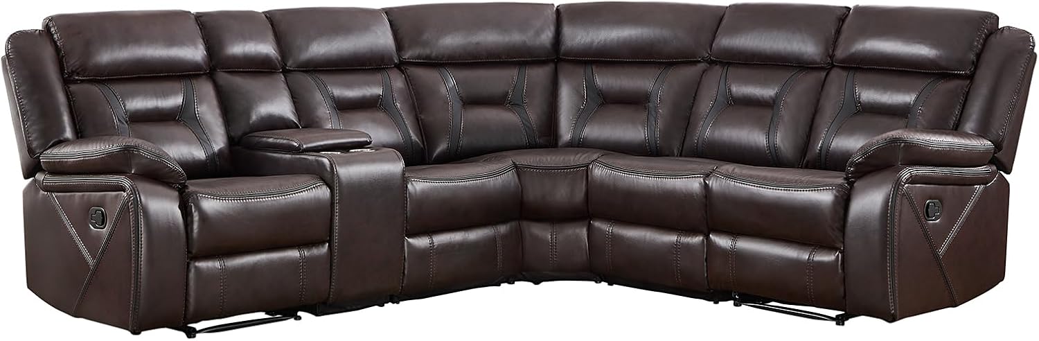 EBELLO Faux Leather Reclining Sectional Sofa Set for Living Room, 1 Recliner Chair and L-Shaped Corner Manual Recliner Sofa Home Furniture Set with Center Console, Cup Holders and Storage, Dark Brown