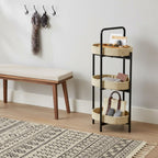 3-Tier Storage Side Table with Paper Rope Woven Baskets, Black Metal Frame, Natural Oval Trays, 11.81x8.26x28.74 Inches, Modern Farmhouse Design for Living Room, Kitchen