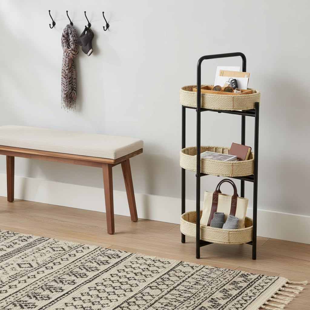 3-Tier Storage Side Table with Paper Rope Woven Baskets, Black Metal Frame, Natural Oval Trays, 11.81x8.26x28.74 Inches, Modern Farmhouse Design for Living Room, Kitchen