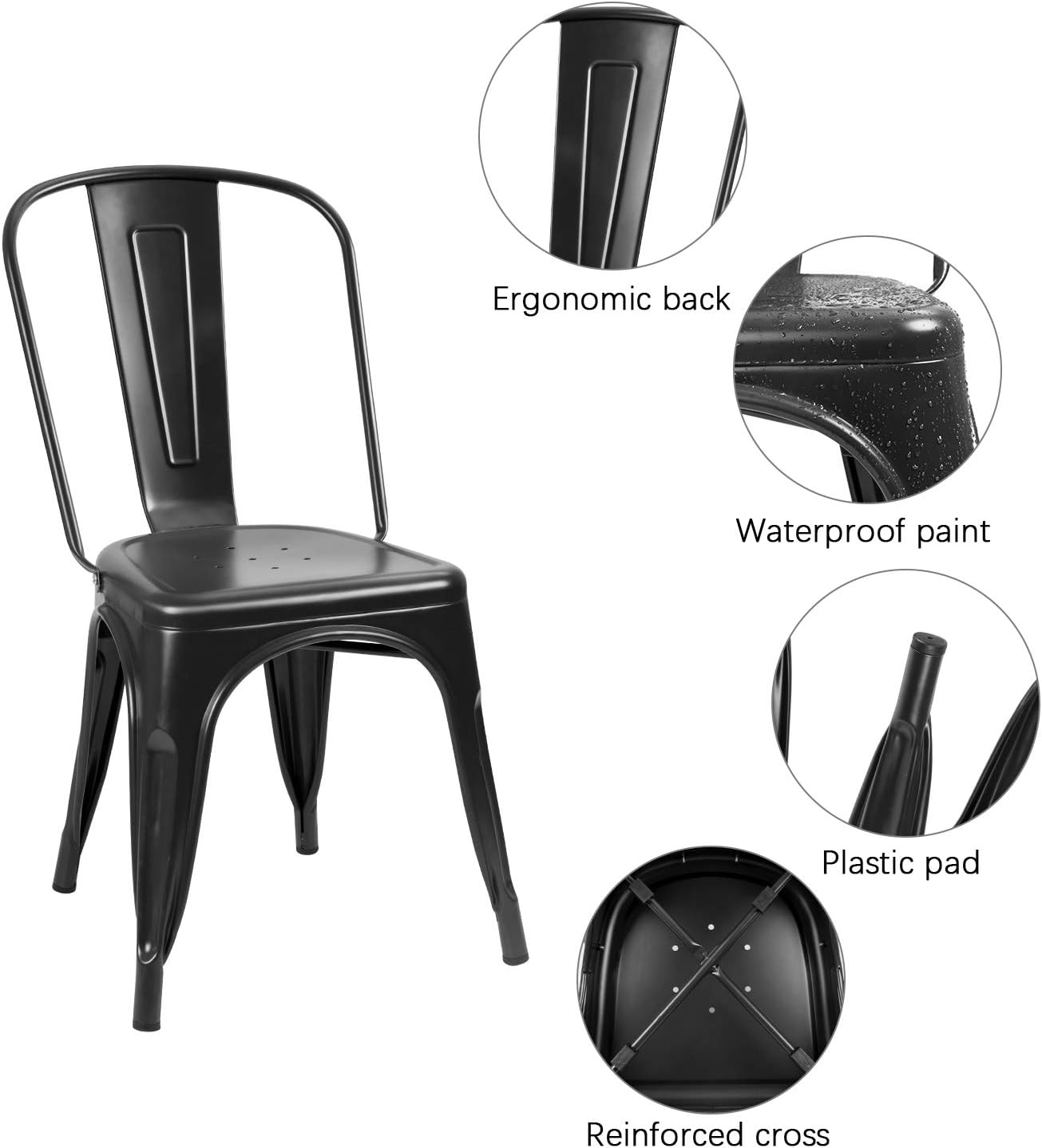 Flamaker Metal Dining Chairs Indoor-Outdoor Use Stackable Side Chairs with Back Industrial Kitchen Classic Trattoria Chair Set of 4 (Black)