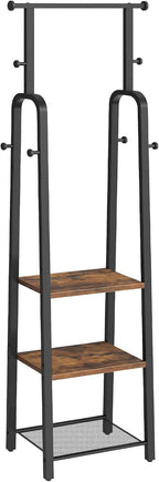 MAHANCRIS Coat Rack Freestanding, Hall Tree with 3-Shelves and 8 Hooks, Industrial Clothes Rack Stand Organizer for Entryway, Bedroom, Bags, Hats, Scarves, Rustic Brown and Black CRHR14901