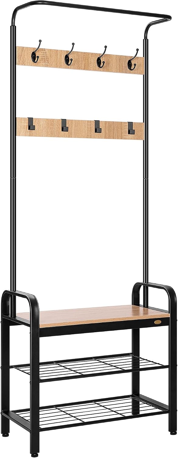 VIVOHOME 3-in-1 Entryway Hall Tree, Heavy Duty MDF Stand Coat Rack with Storage Bench, Industrial Wood Furniture with Stable Metal Frame, 8 Hooks, Light Brown