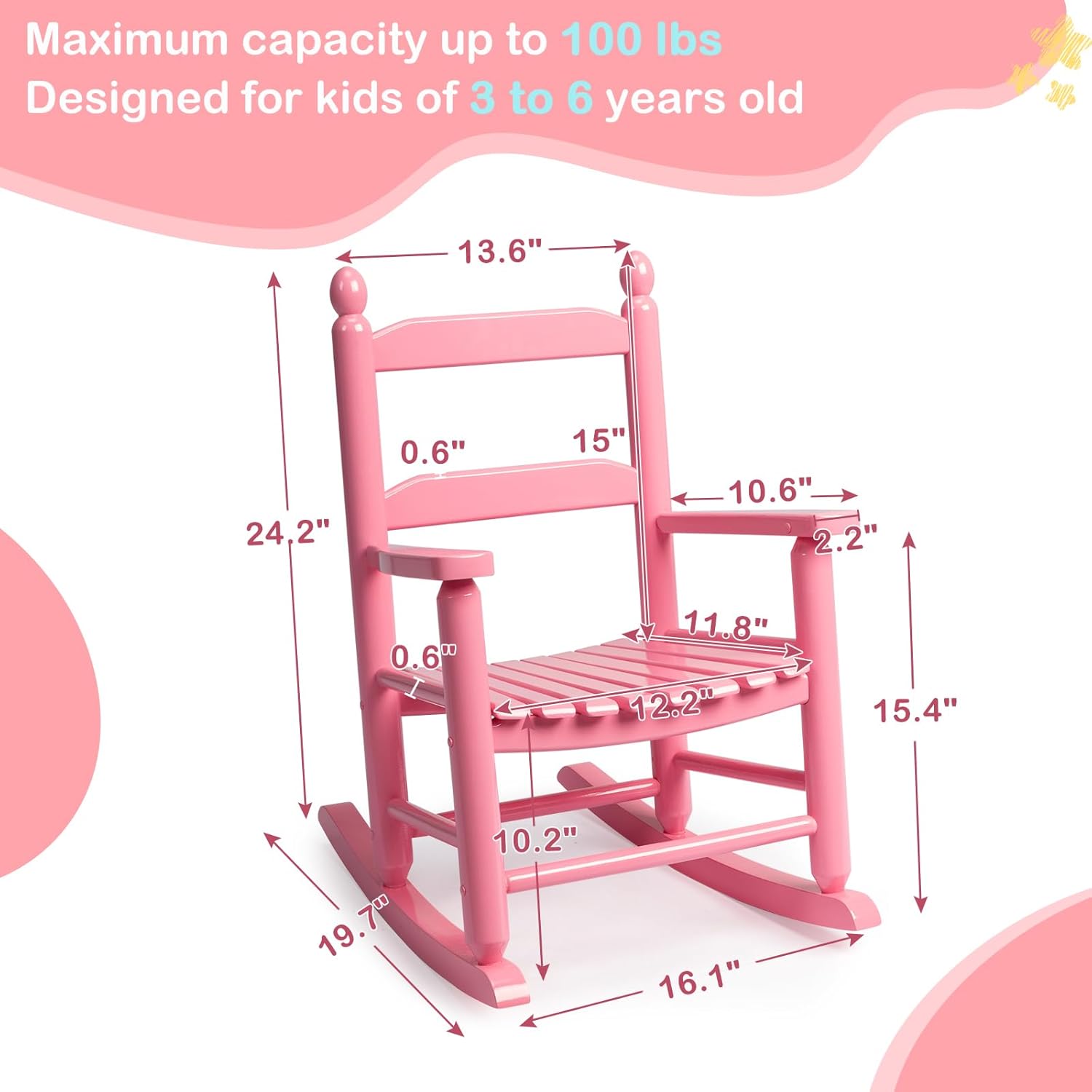 Outvita Outdoor Children's Rocking Chair, All-Weather Wooden Porch Rocker with High Backrest, Ideal for Garden, Yard, and Balcony, Patio Rocking Chair Suitable for Kids Ages 3-6(Pink)