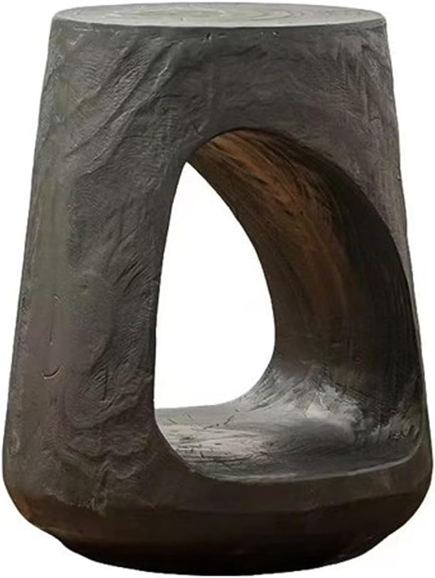 MGO Accent Side Table, Hollow Round-Shaped Decorative Accent Side End Table, Lightweight Concrete,Wood Like Texture, Garden Stool for Patio Balcony Beach Pool(Black)