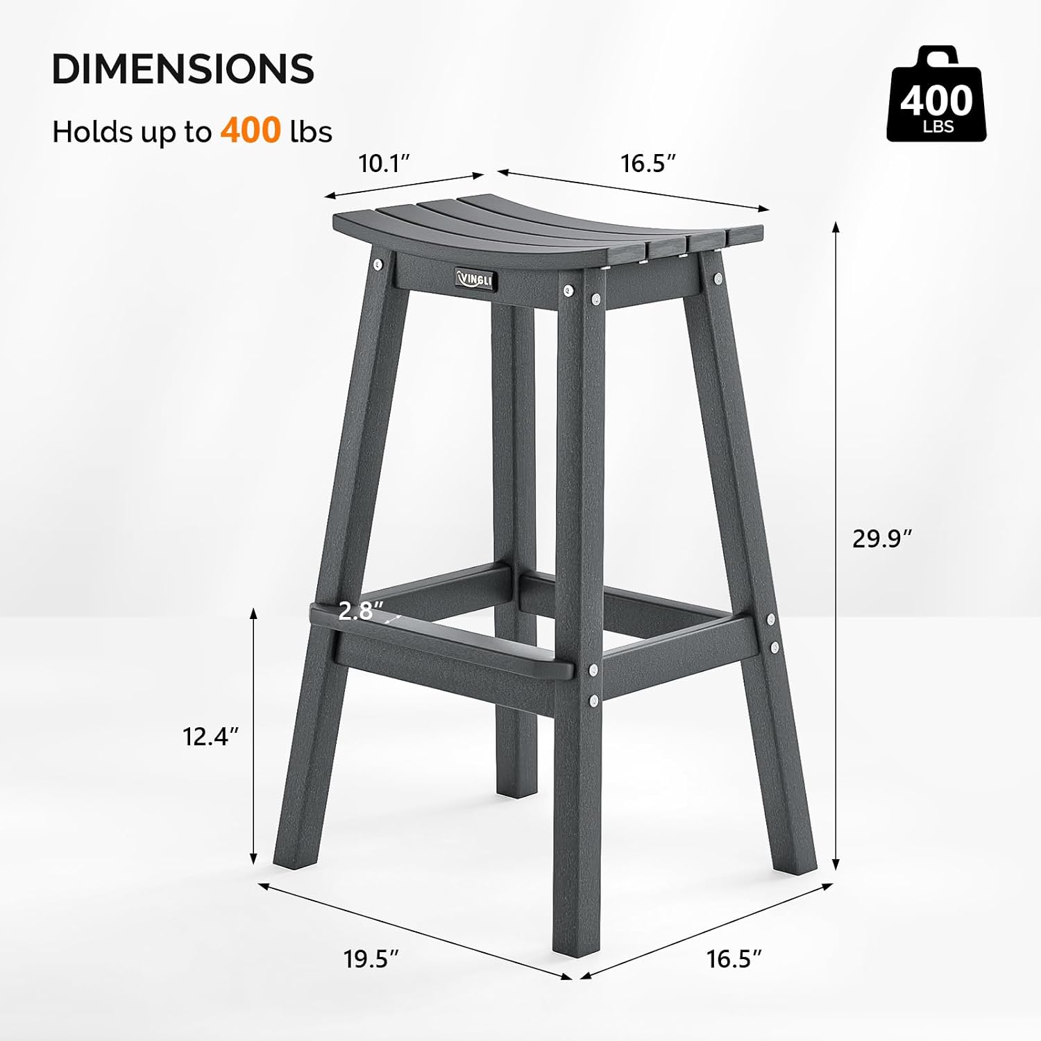 VINGLI 29" Outdoor Bar Stools Set of 2, HDPE Poly Lumber Bar Chairs with Footrest, Weather Resistant Patio Barstools for Bar, Kitchen Counter, Yard (Gray, 29 Inch 2 PC)