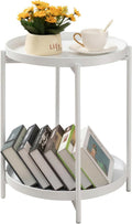 TeoKJ 2 Tier Round Side Table, Folding Round Metal End Table Small Nightstand with Two Removable Tray for Bedroom Living Room Bedside Small Spaces White