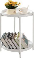 TeoKJ 2 Tier Round Side Table, Folding Round Metal End Table Small Nightstand with Two Removable Tray for Bedroom Living Room Bedside Small Spaces White