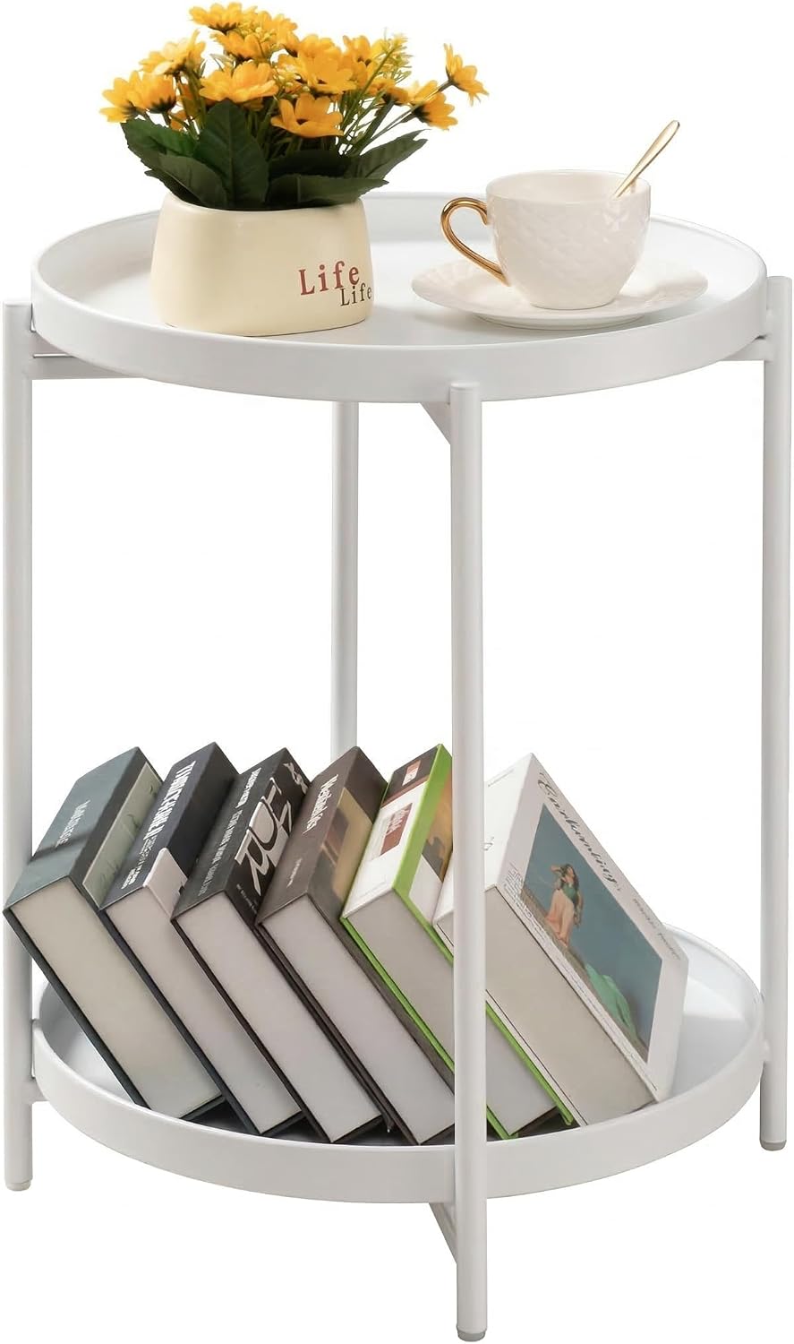 TeoKJ 2 Tier Round Side Table, Folding Round Metal End Table Small Nightstand with Two Removable Tray for Bedroom Living Room Bedside Small Spaces White