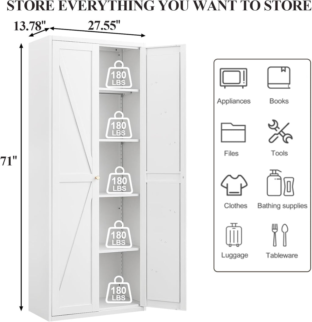 71" Tall Kitchen Pantry Storage Cabinet, 2 Doors Metal Food Pantry Cabinets, Kitchen Storage Cabinet with Adjustable Shelves Tfreestanding Pantry Cupboard for Dining Room (White)